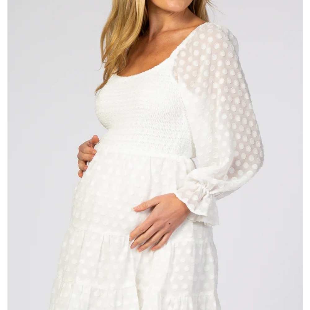 White Smocked Polka Dot Long Sleeve Maternity Dress